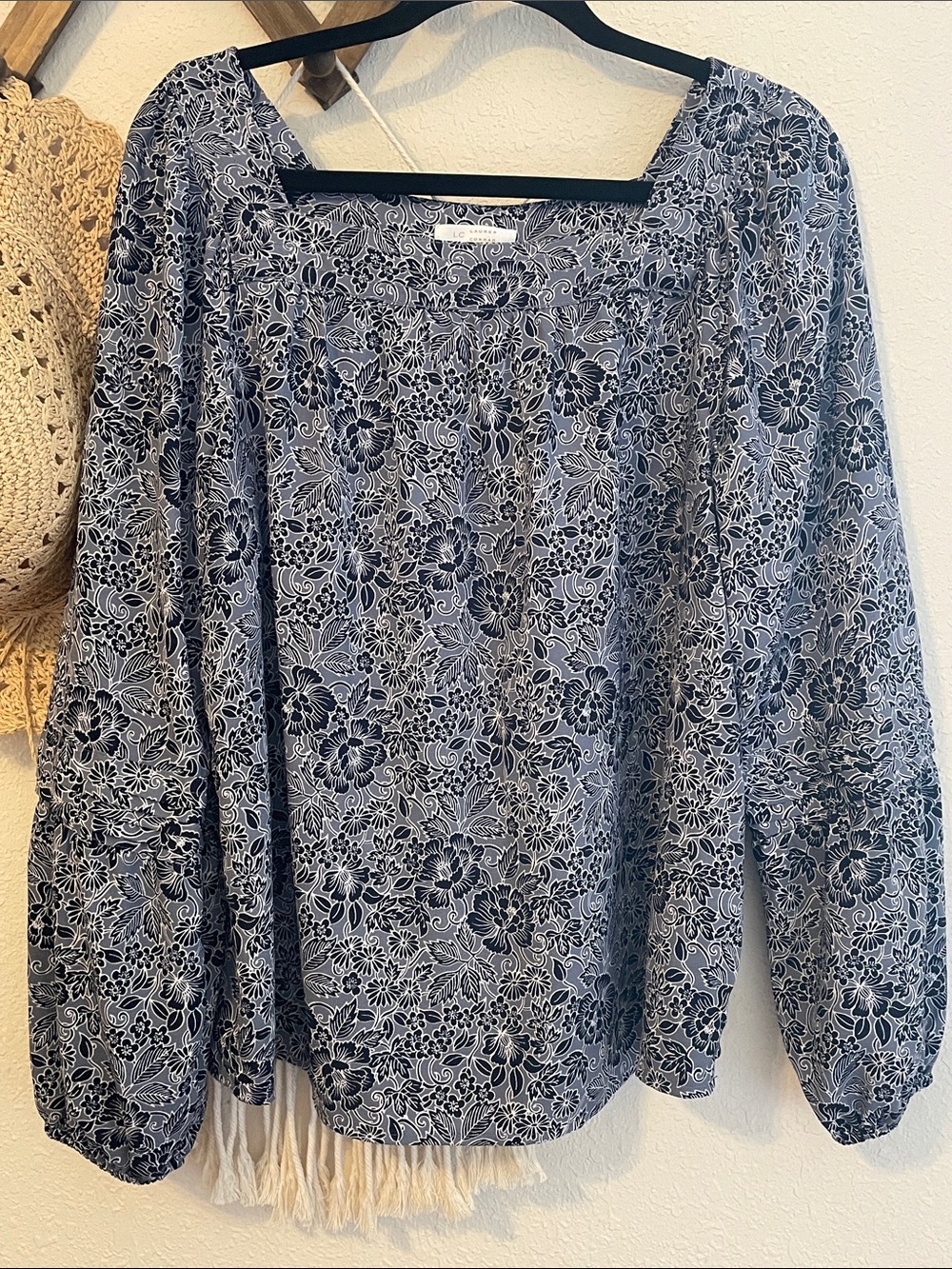 LC Lauren Conrad Navy and White Floral Square-Neck Blouse